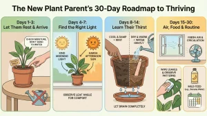 Infographic titled "The New Plant Parent's 30-Day Roadmap to Thriving," divided into four colored panels. The first panel, "Days 1-3: Let Them Rest & Arrive," shows a potted plant with a "DO NOT REPOT" sign and a hand checking soil with the text "CHECK MOISTURE, DON'T RUSH TO WATER." A crossed-out watering can is below. The second panel, "Days 4-7: Find the Right Light," illustrates a plant between a smiling "KIND MORNING LIGHT" sun and an angry "HARSH AFTERNOON SUN" sun, with the text "OBSERVE LEAF ANGLE FOR COMFORT." The third panel, "Days 8-14: Learn Their Thirst," shows a cross-section of a pot with soil; one side is dark with a finger inserted and text "COOL & DAMP = WAIT," the other is light with water being poured and text "DRY & WARM = WATER GENTLY." Water drains into a saucer with "LET DRAIN COMPLETELY." The fourth panel, "Days 15-30: Air, Food & Routine," features a window and fan for "FRESH AIR & CIRCULATION," a hand wiping a leaf for "WIPE LEAVES & OBSERVE PATTERNS," and illustrations of "MILD FEED (e.g., Banana Water)" and a calendar.